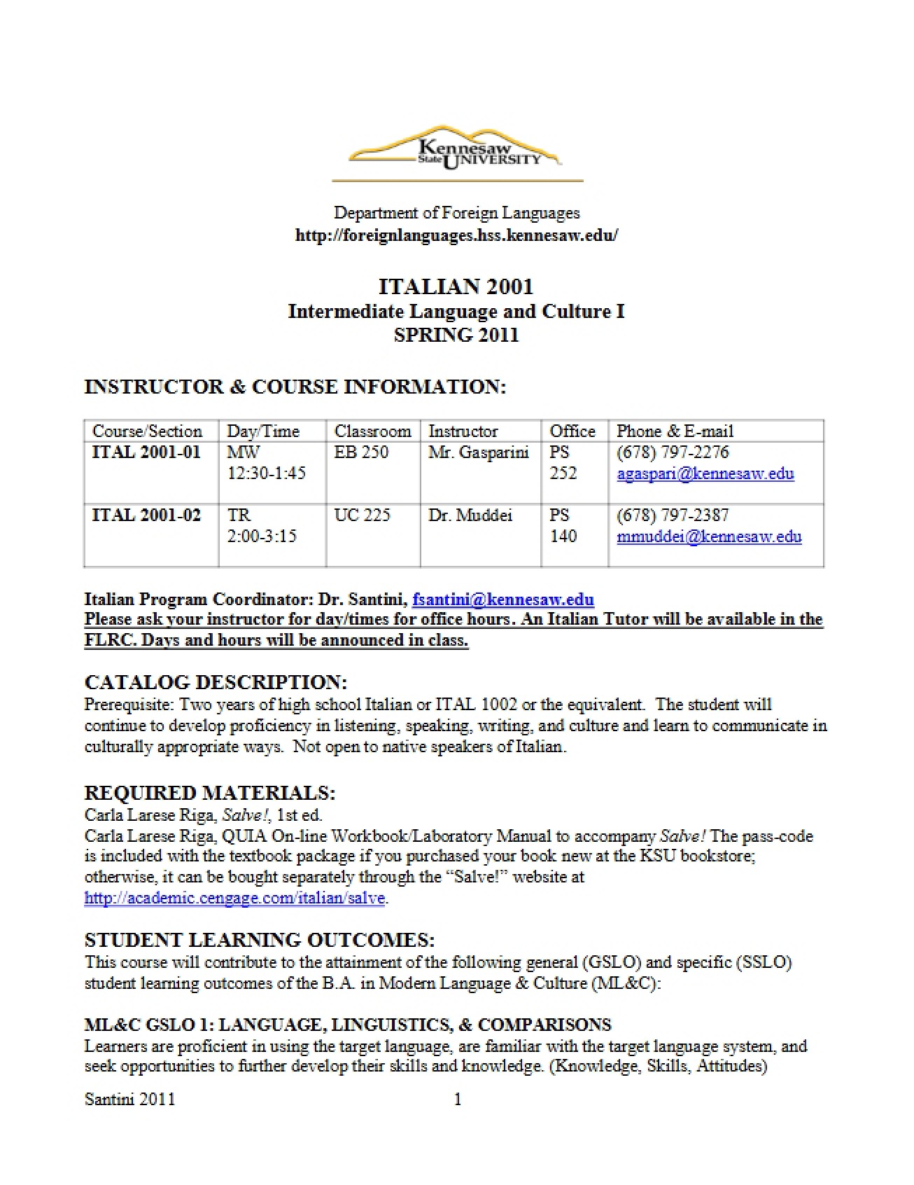 Intermediate Italian II (Hybrid) Course Outline