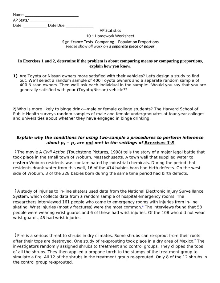 Comparing 2 Population Proportions - Significance Tests Worksheet