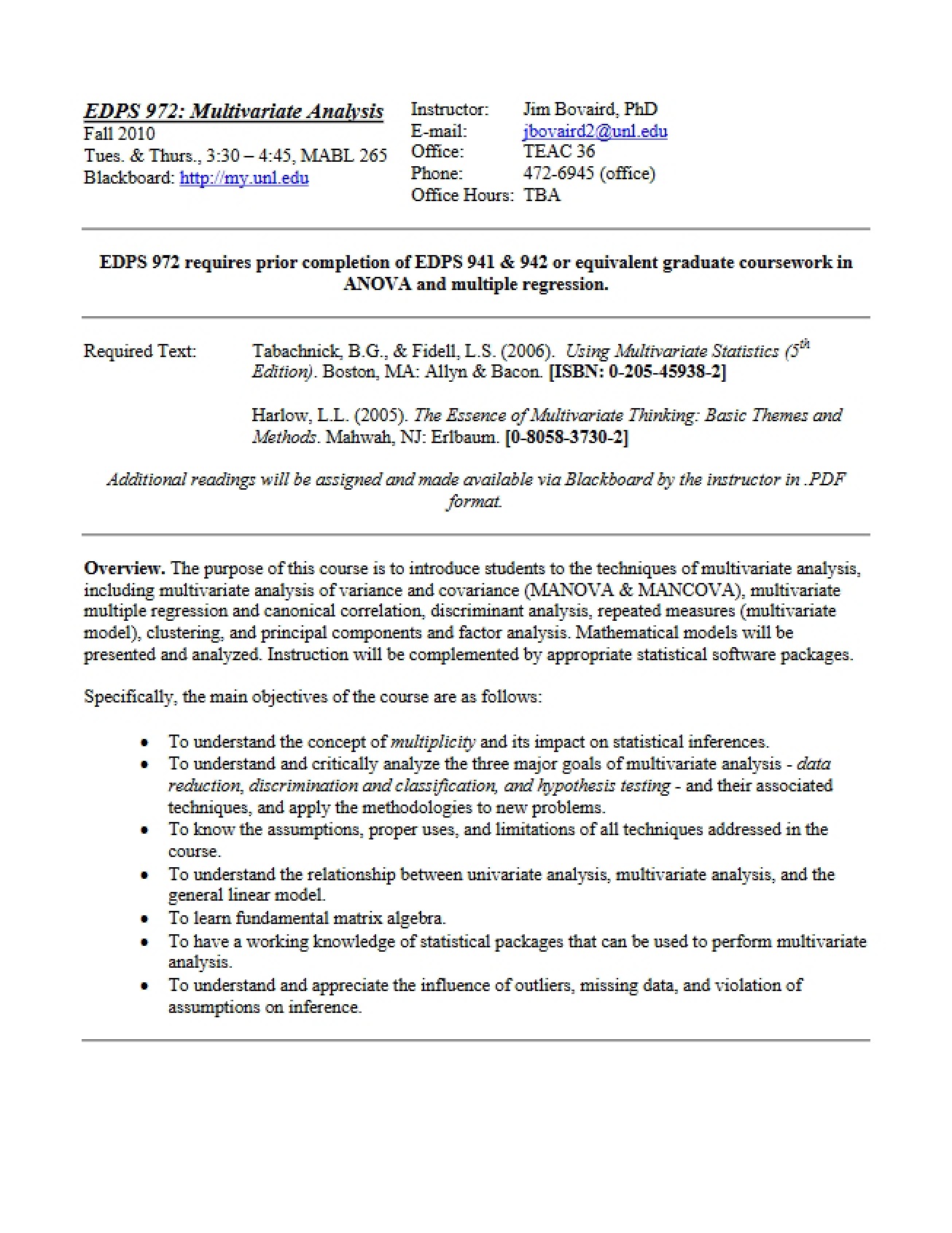 Syllabus Multivariate Analysis