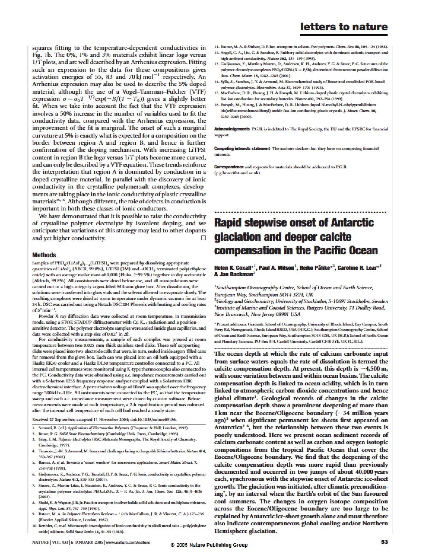 Pacific Ocean Deeper Calcite Compensation and Rapid Antarctic Glaciation Onset