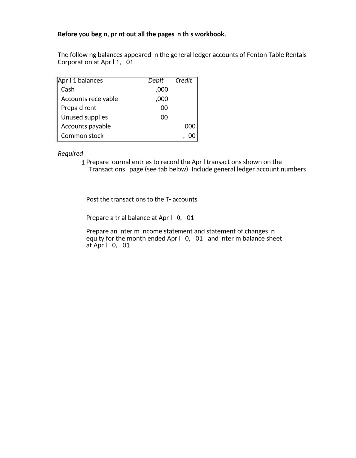 Fenton Table Rentals - Journal Entries and Trial Balance