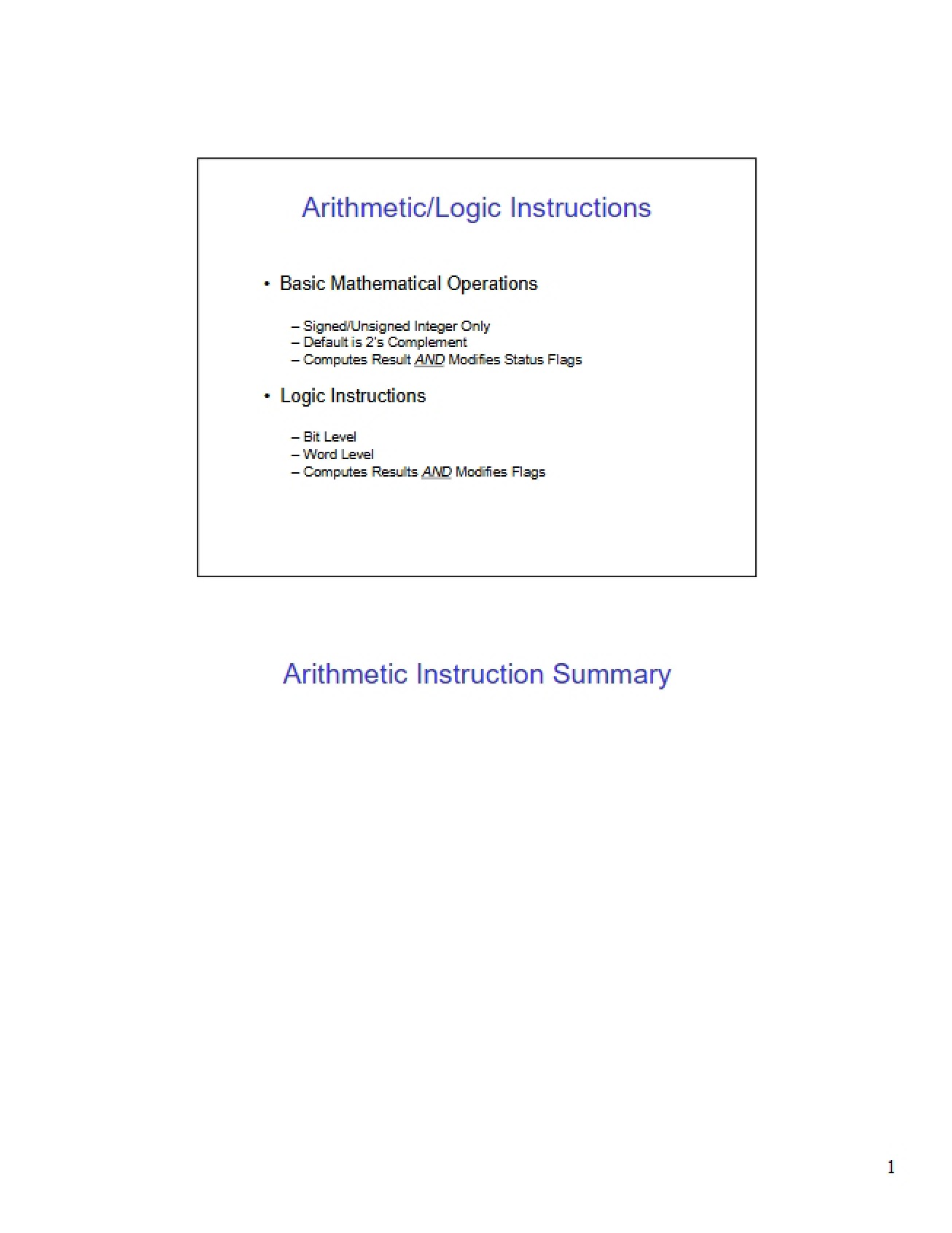 Instructions for Arithmetic Logic