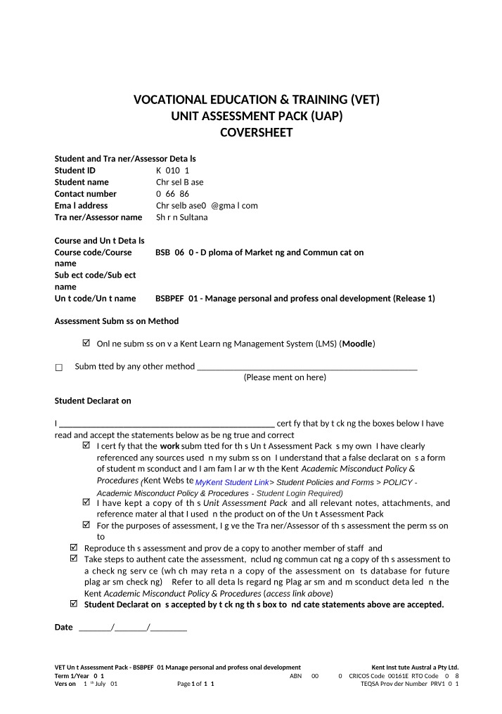 VET Unit Assessment Pack for BSBPEF501