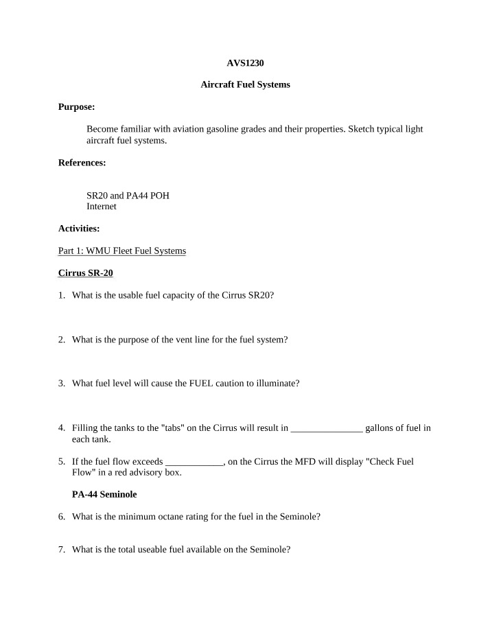 Diagrams and Questions for Aircraft Fuel Systems
