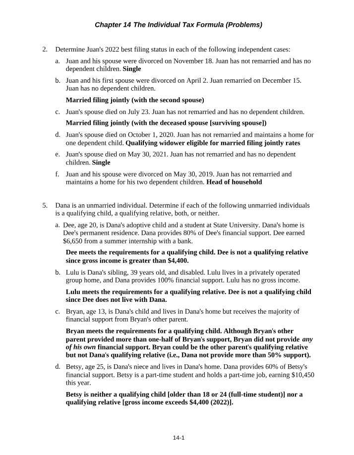 Chapter 14 Problems - The Individual Tax Formula