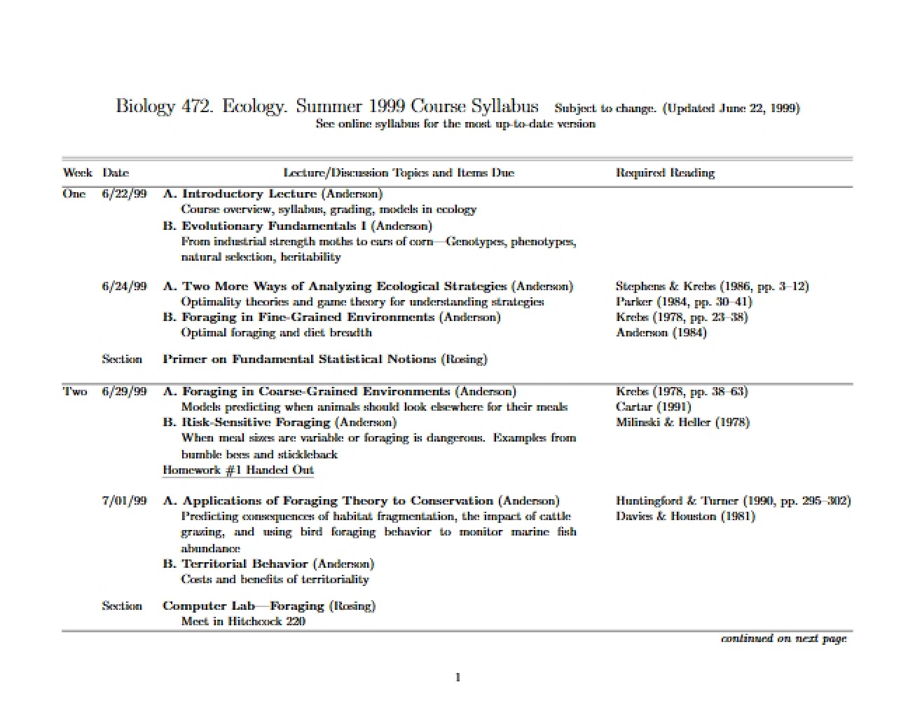 Ecology Course Syllabus