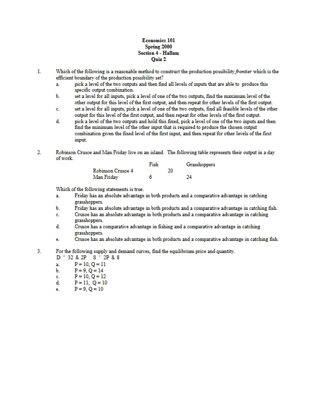 Second Quiz for the Microeconomics Course