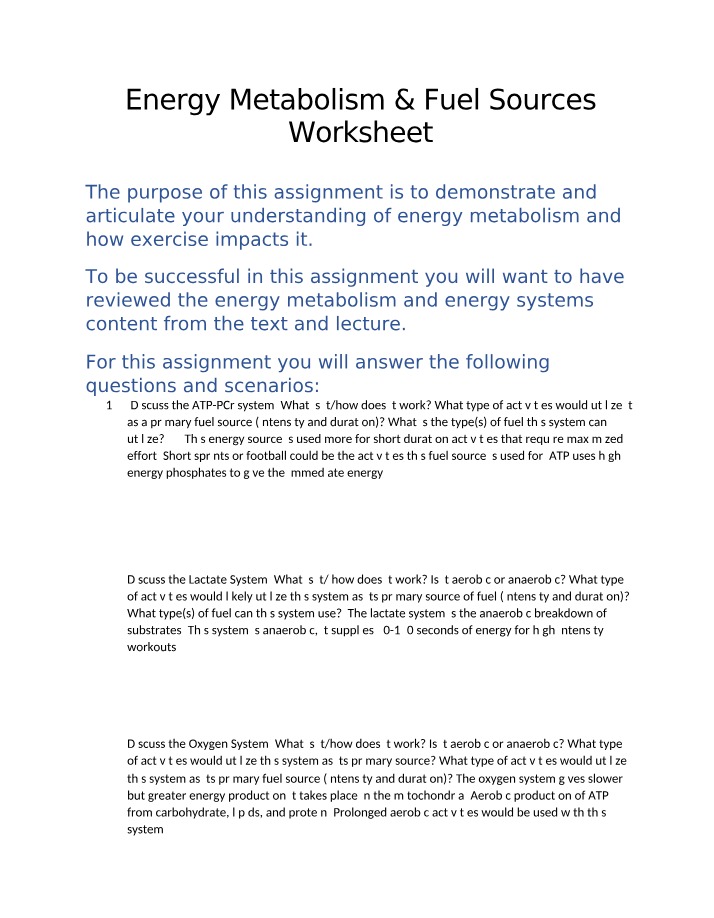 Worksheet on Energy Metabolism and Fuel Sources