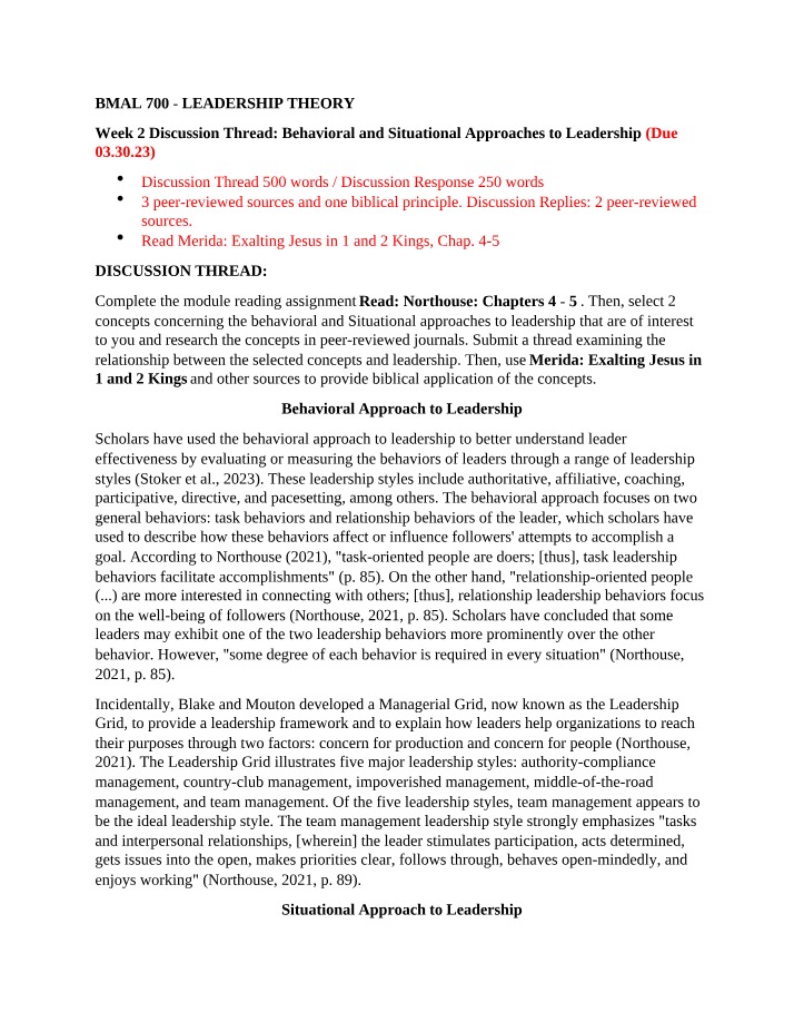 Behavioral and Situational Leadership Approaches - BMAL 700