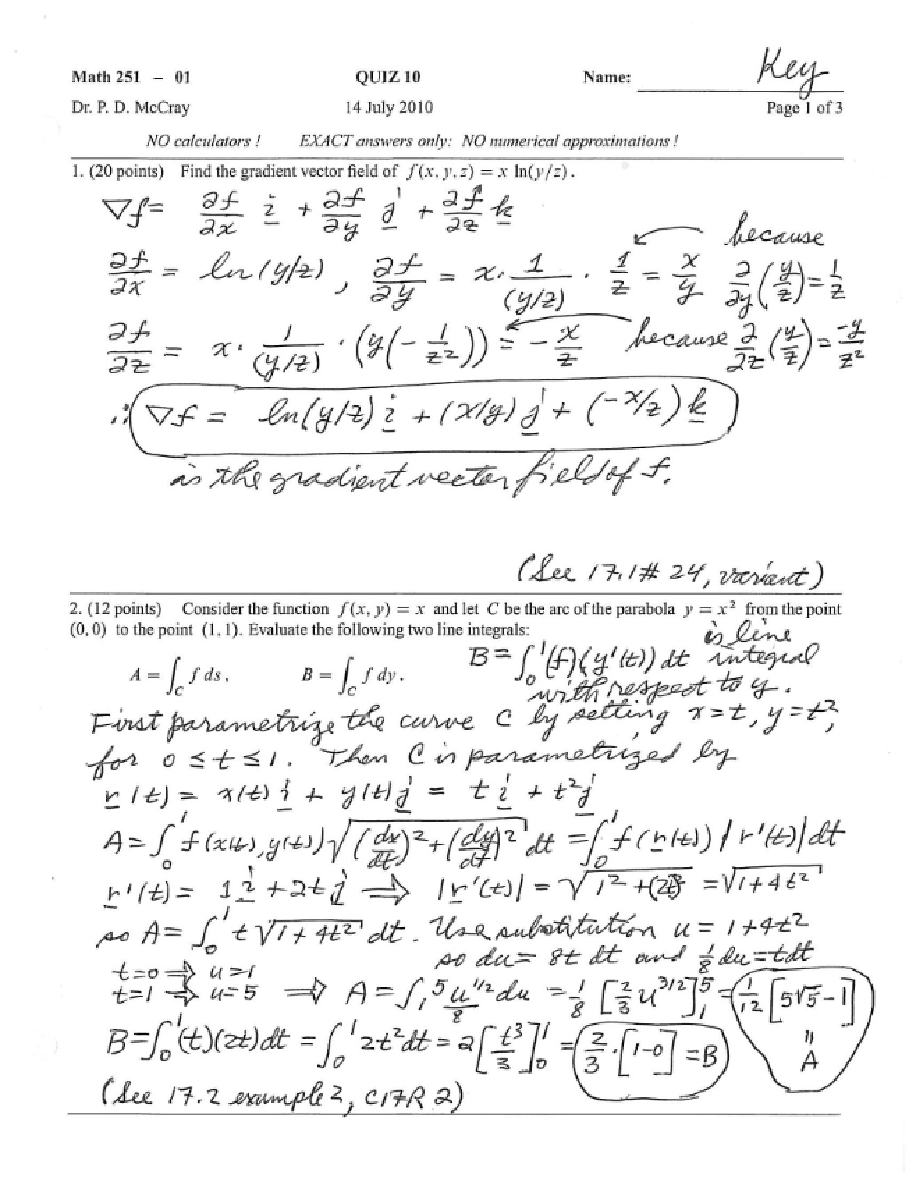 Multivariate Calculus Quiz Ten