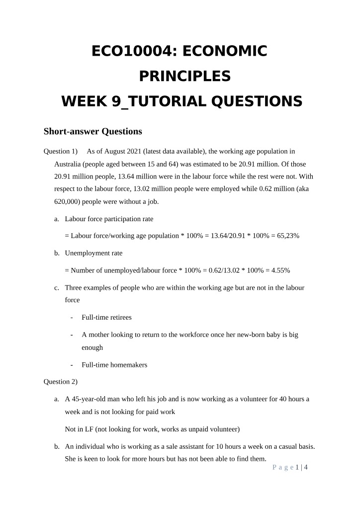 Tutorial Questions for ECO10004 Week 9