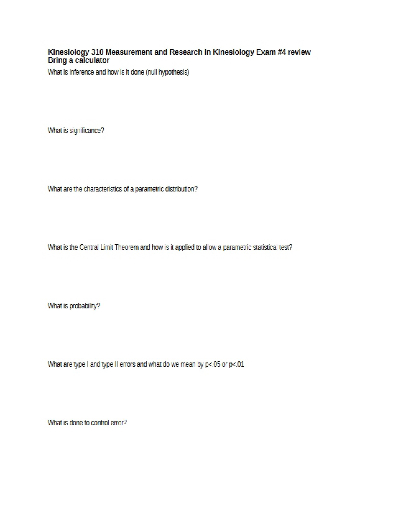 Fourth Examination in a Course on Measurement and Research in Kinesiology