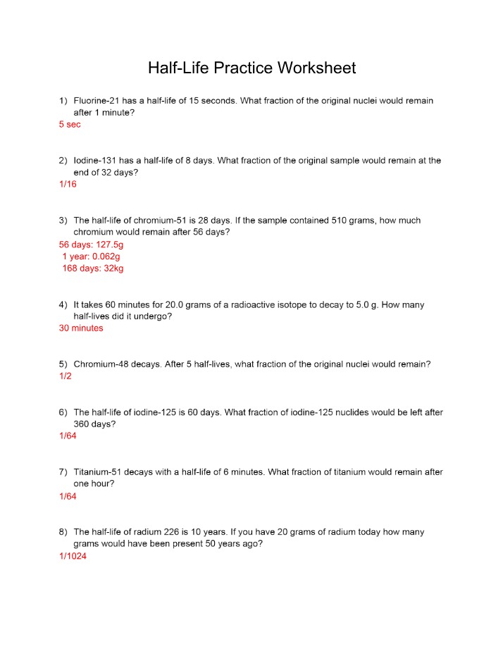 Worksheet on Half-Life Practice