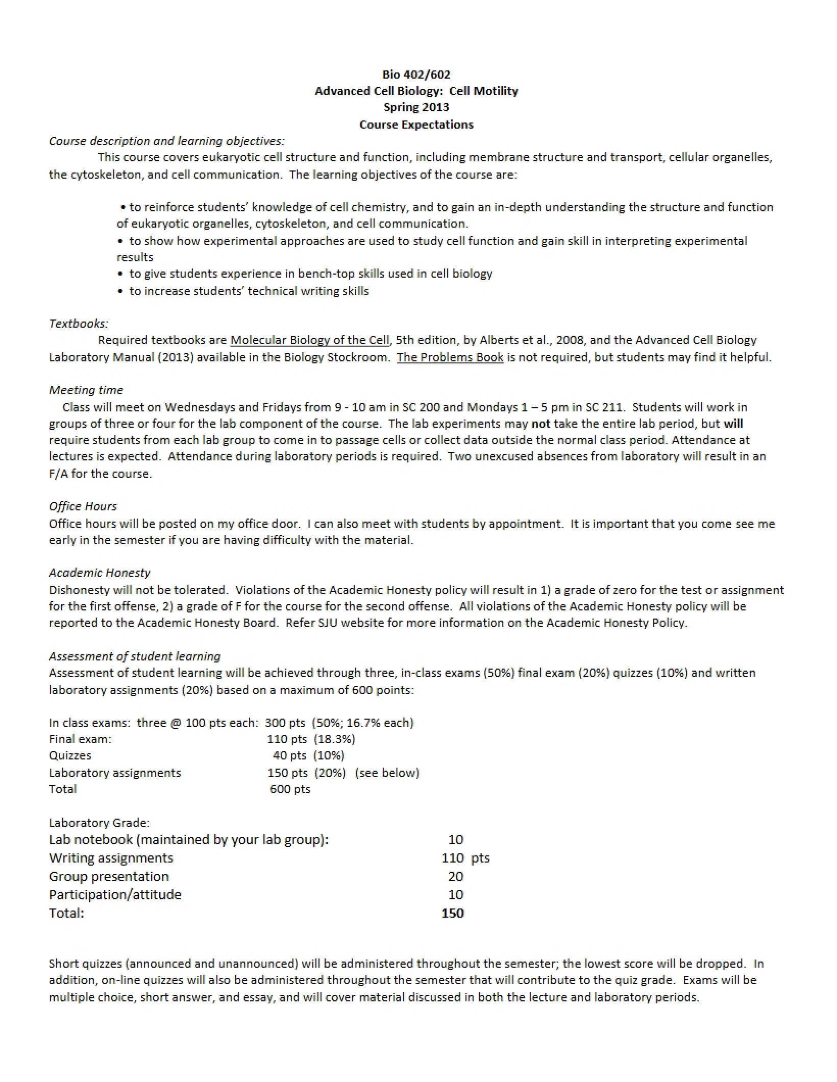 Advanced Cell Biology Syllabus
