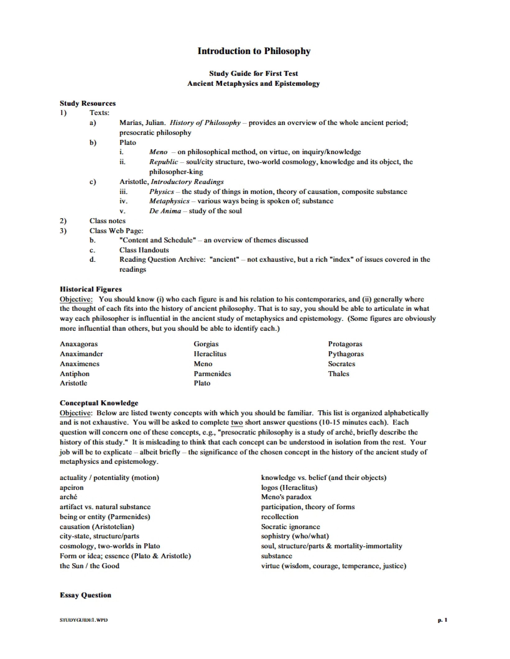 Study Guide for Test One