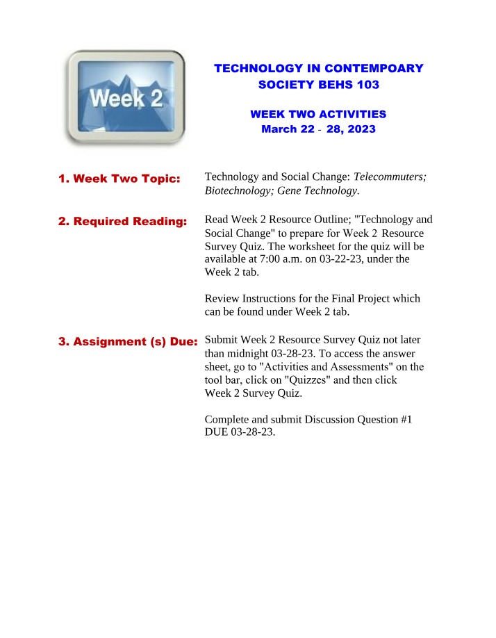 Week Two Activities for BEHS 103