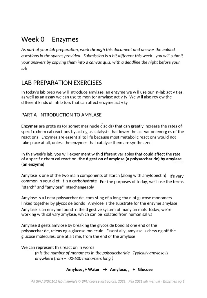 Enzymes Lab - Amylase Preparation and Testing