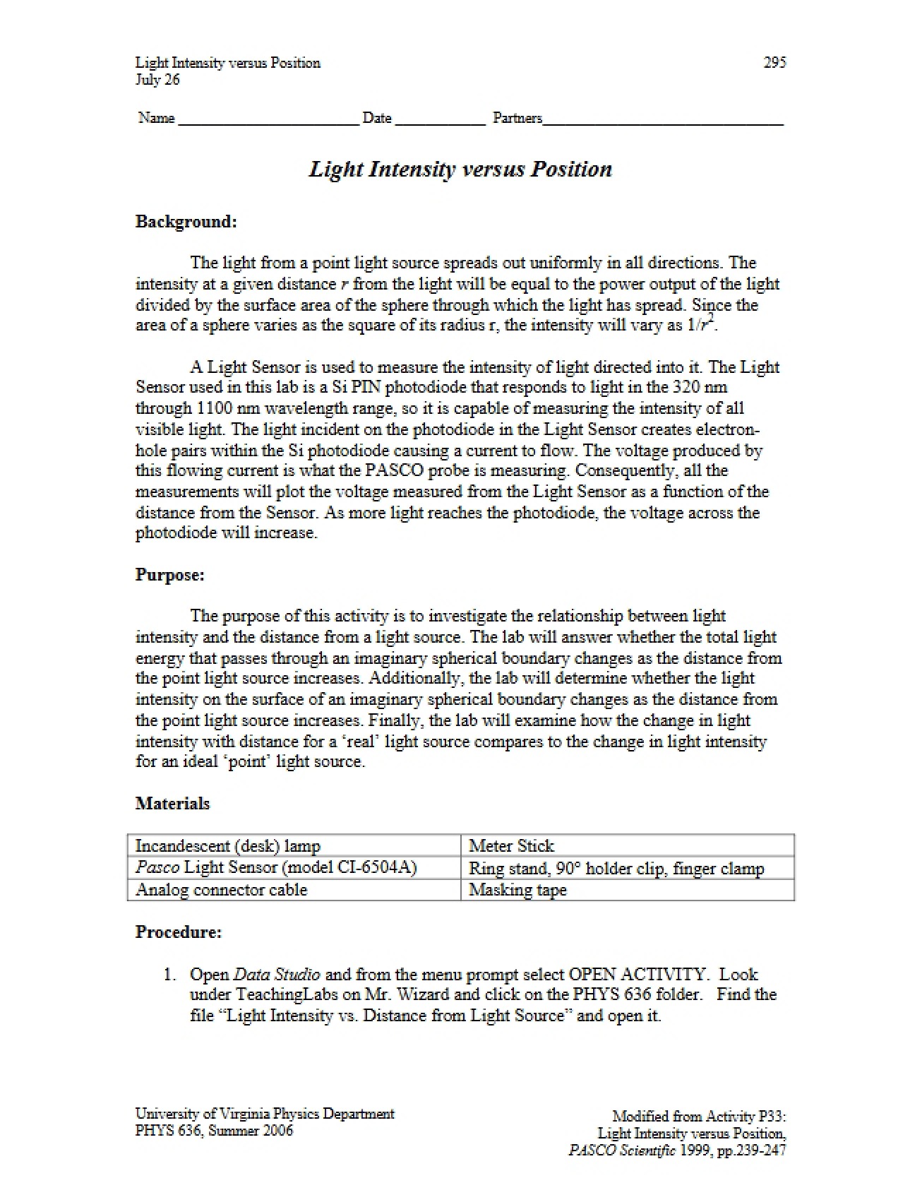 Position vs Light Intensity