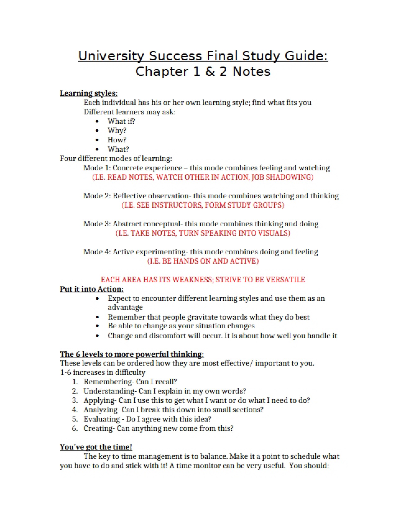 Study Guide for a University Success Course