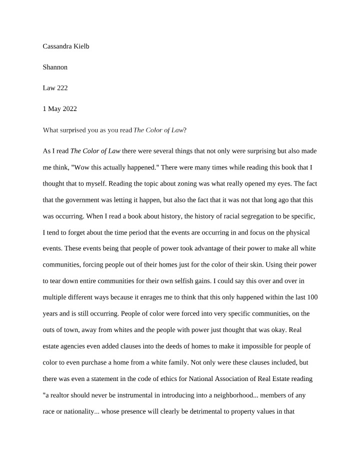 Writing Assignment on The Color of Law