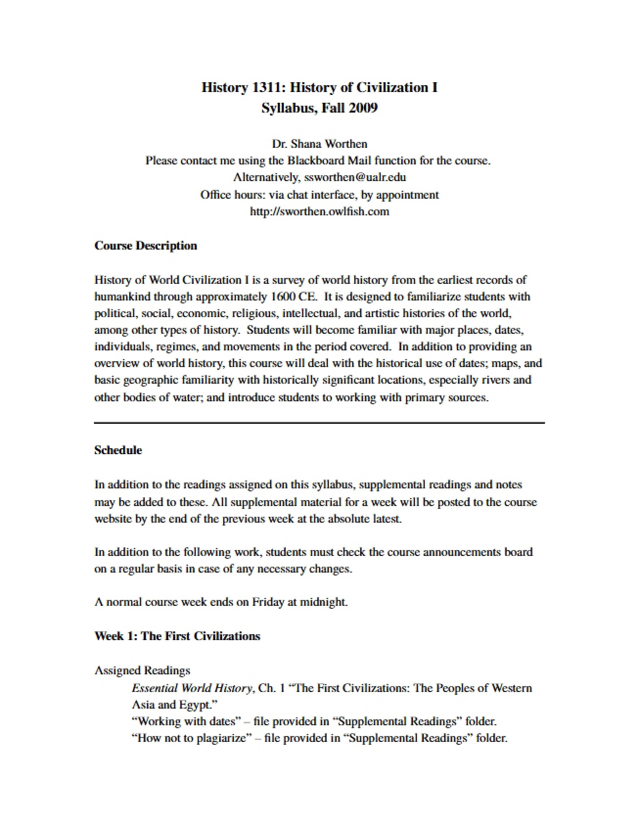 Syllabus for History of Civilization I