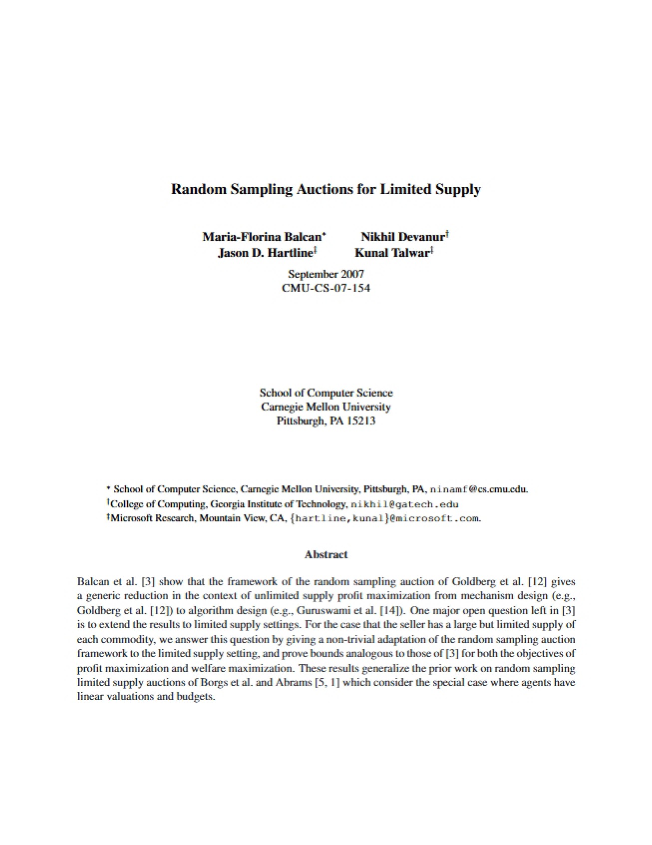 Limited Supply Random Sampling Auctions