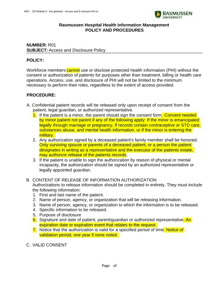 Protected Health Information Access and Disclosure Policy