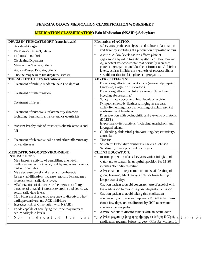Worksheet on NSAIDs and Salicylates Pain Medication Classification