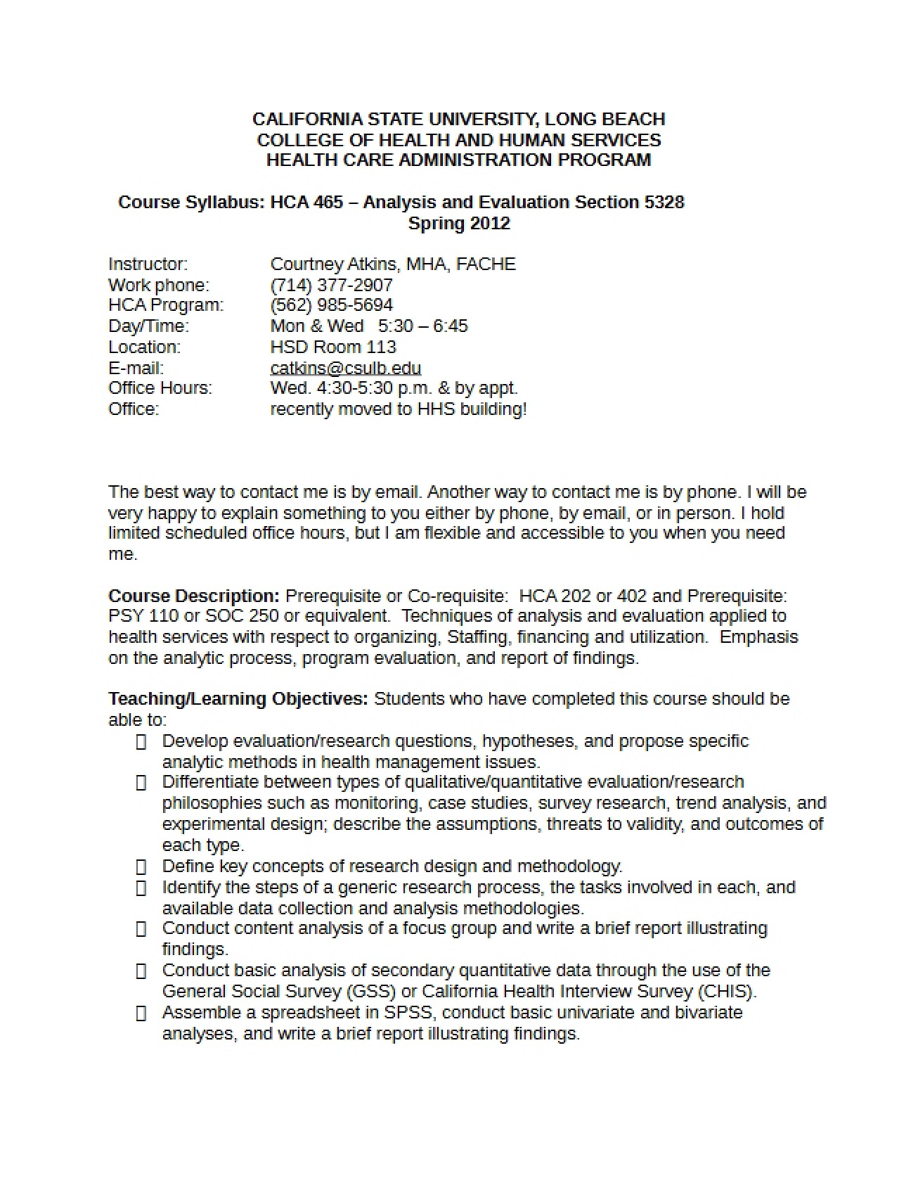 Analysis of Health Care Services Course Guide