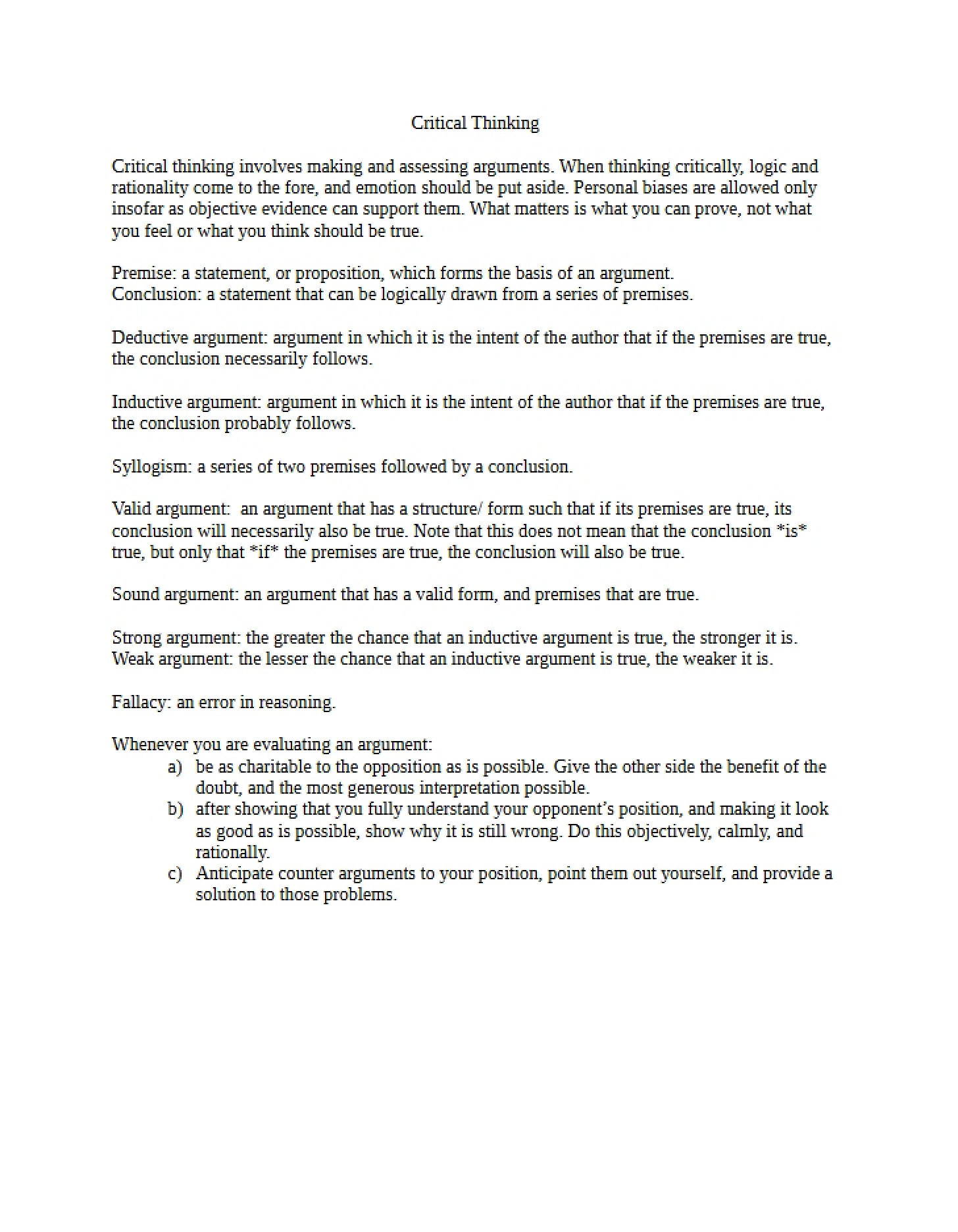 Handout on Critical Thinking
