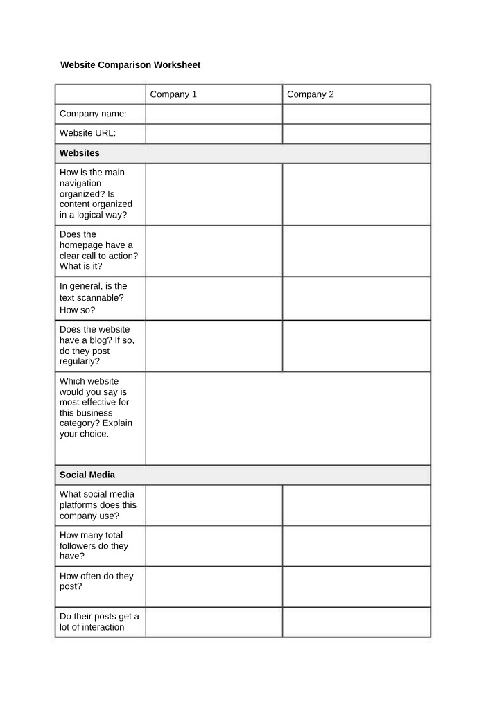 Worksheet for Website Comparison