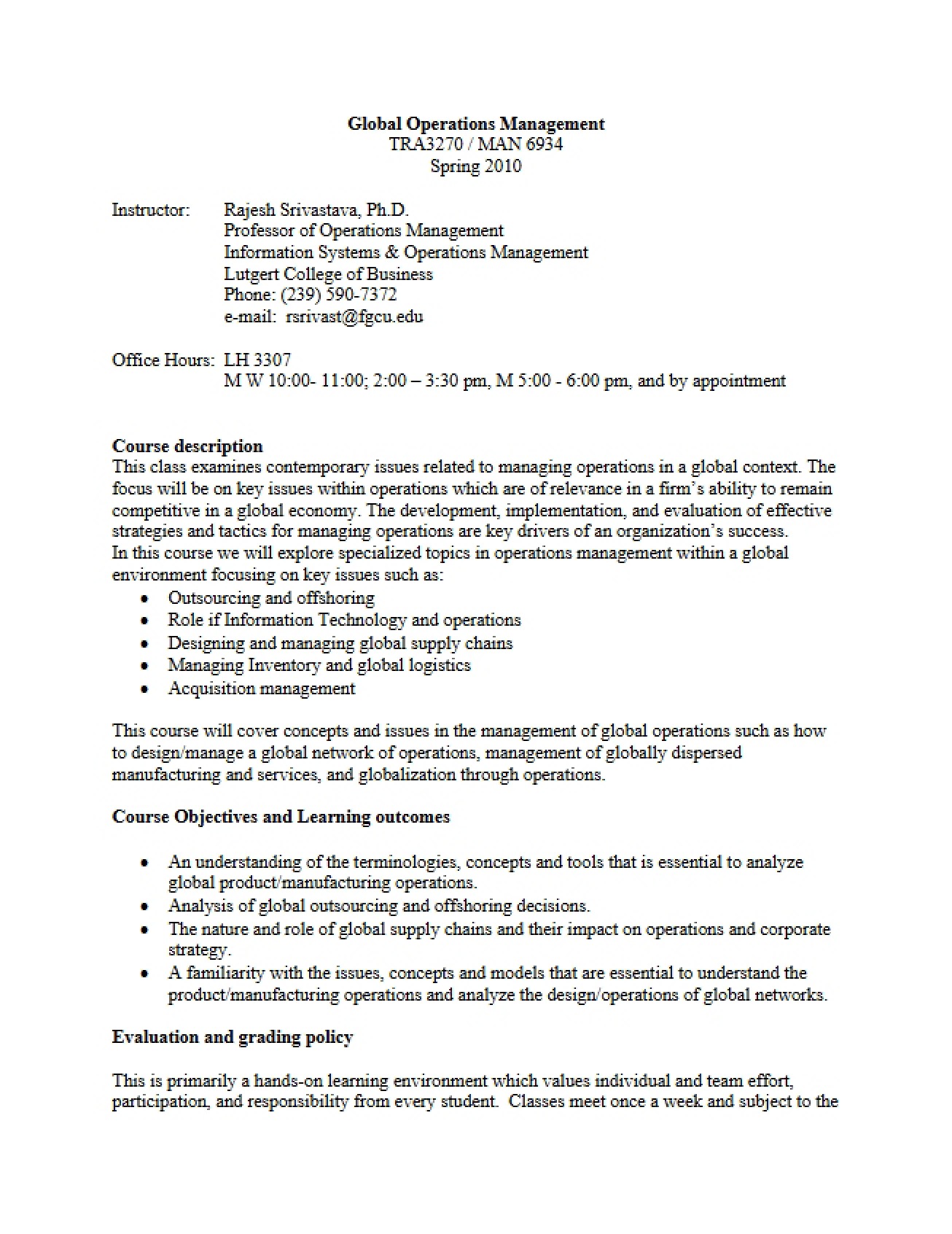 Syllabus for Global Operations Management