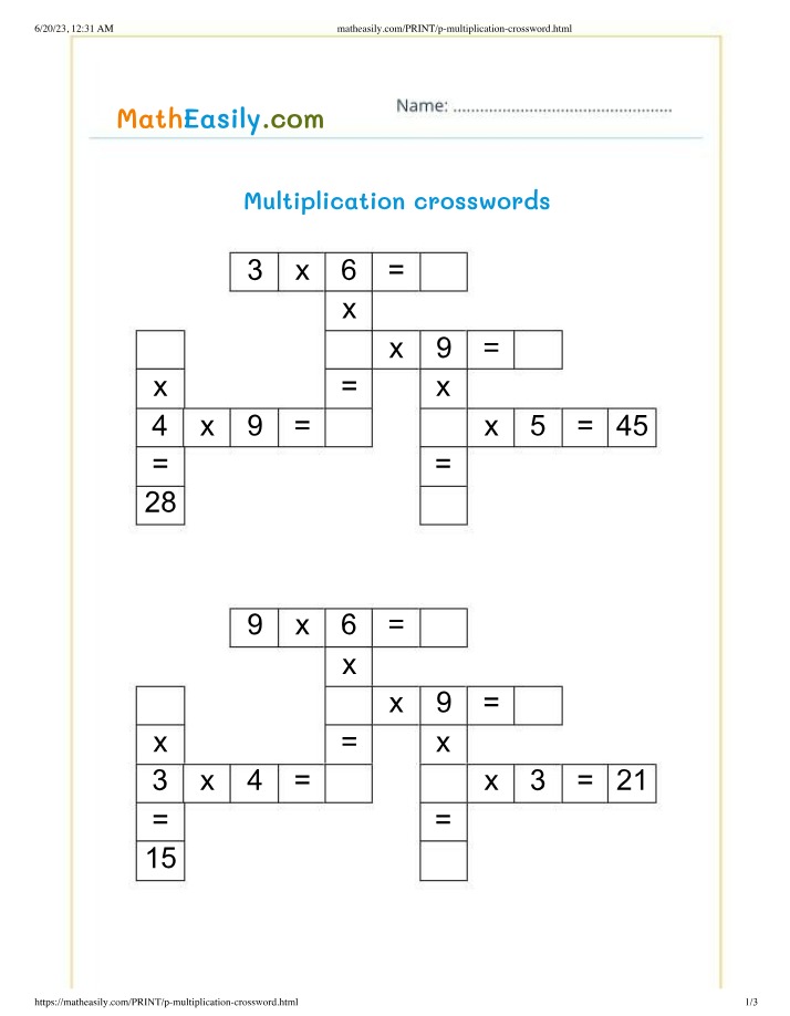 Multiplication Worksheet - Crosswords