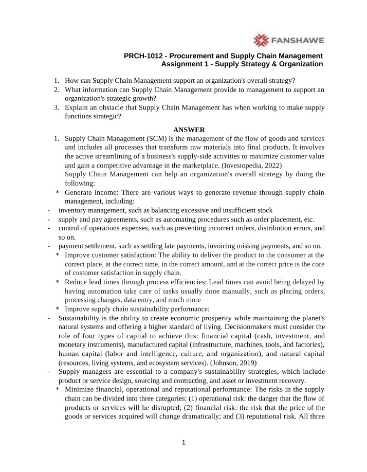 PRCH-1012 Assignment 1 - Supply Strategy & Organization