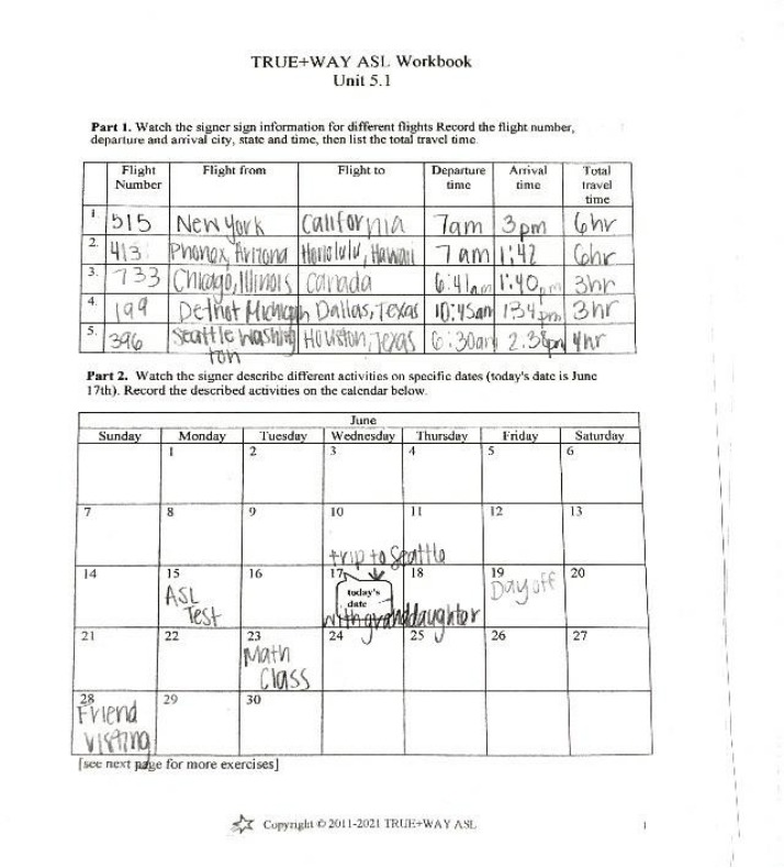 Workbook Exercises for TRUE+WAY ASL Units 5.1 and 5.3