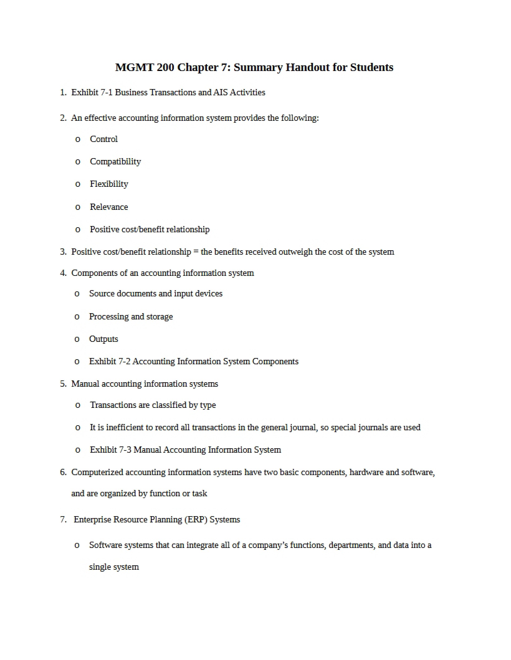 Student Handout for Chapter Seven