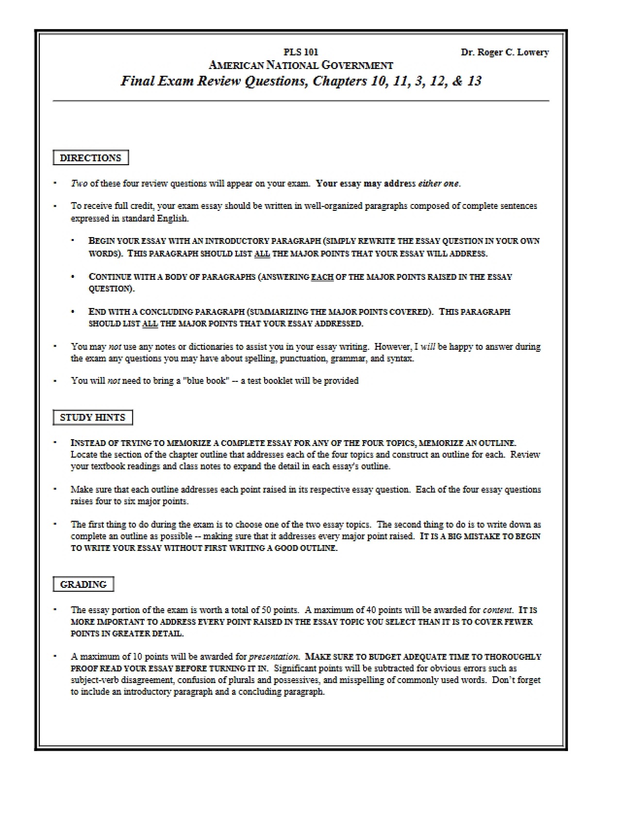 Review Questions for Final Exam