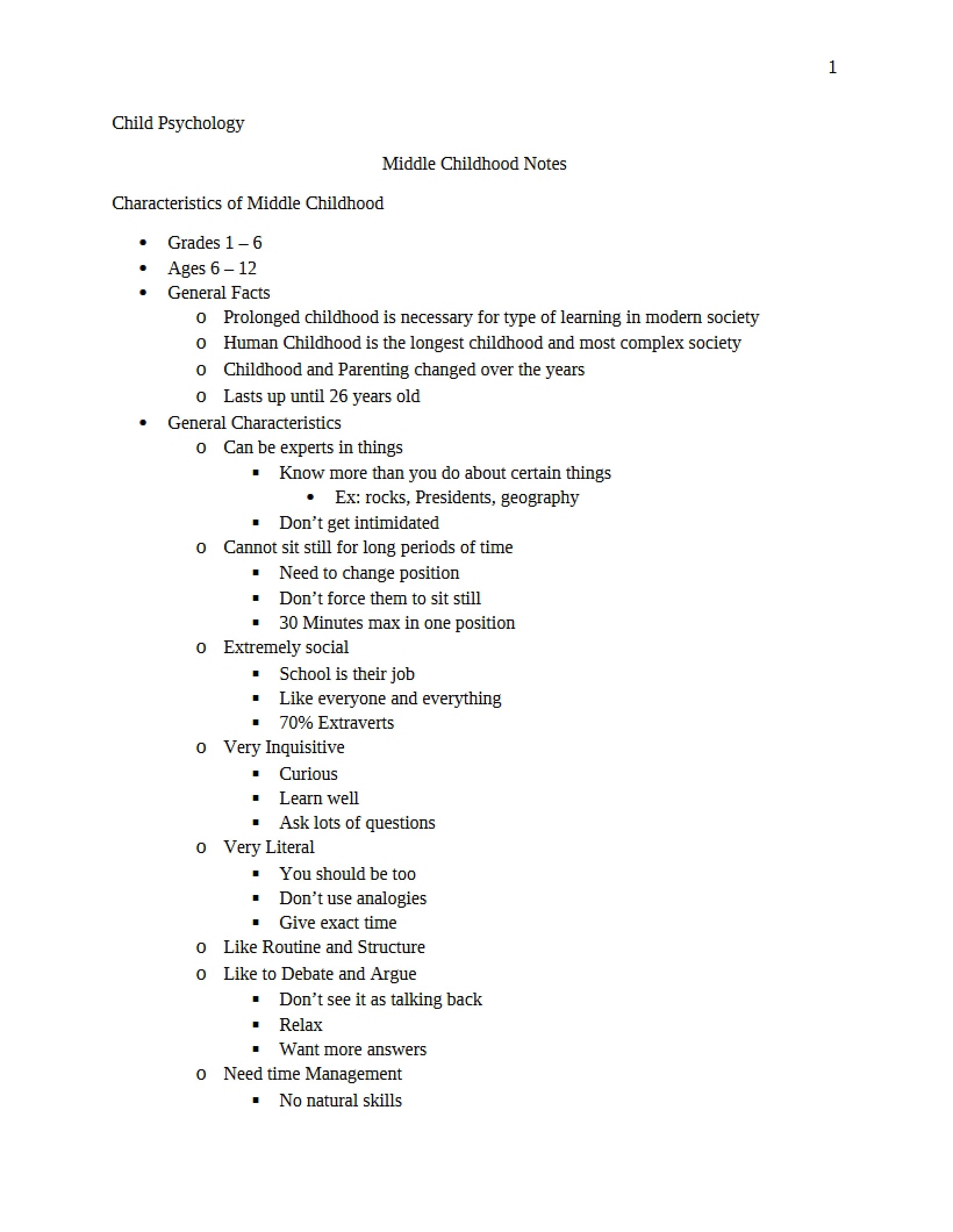 Notes on Middle Childhood