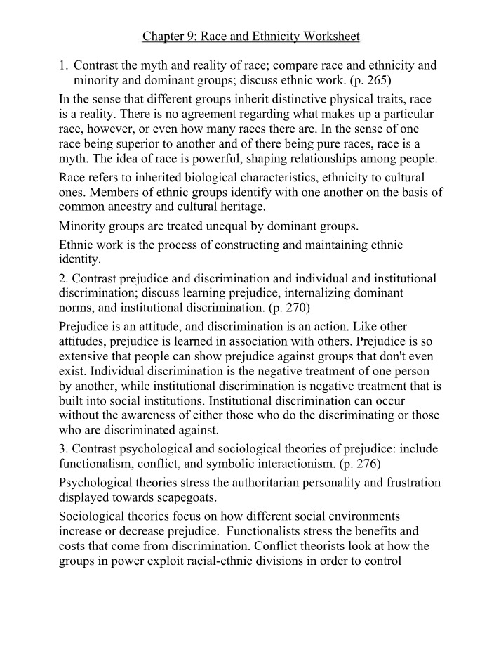 Worksheet on Race and Ethnicity