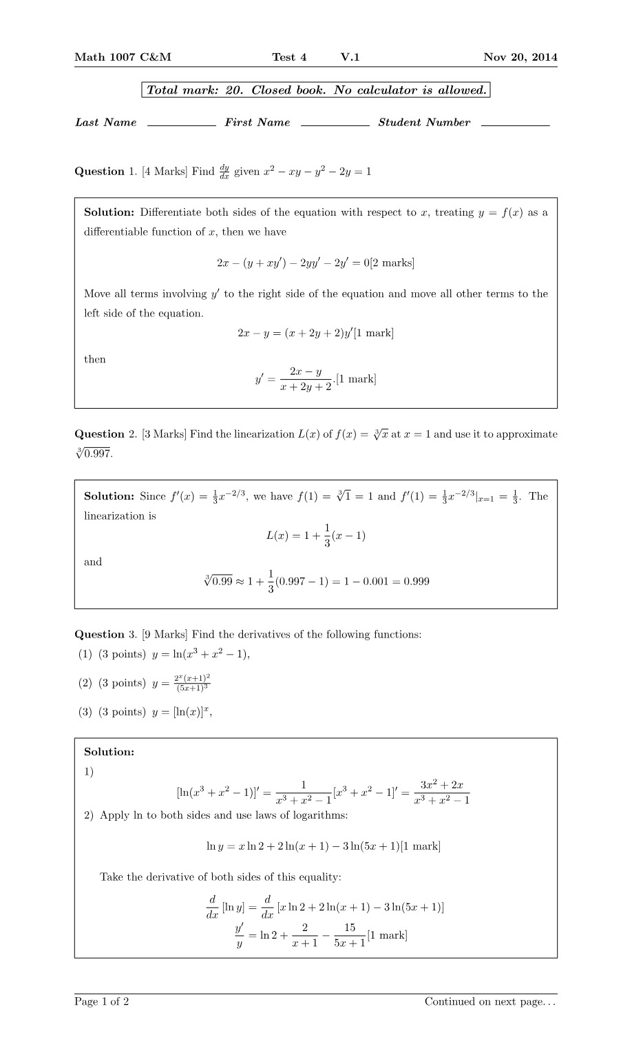 Test 4 Solutions for Math 1007 C&M