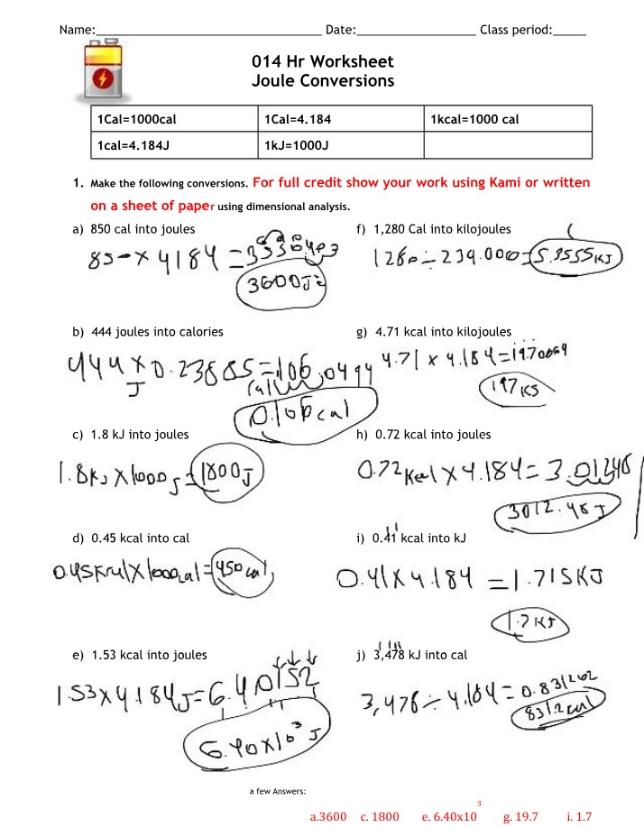 Joule and Calorie Conversion Practice