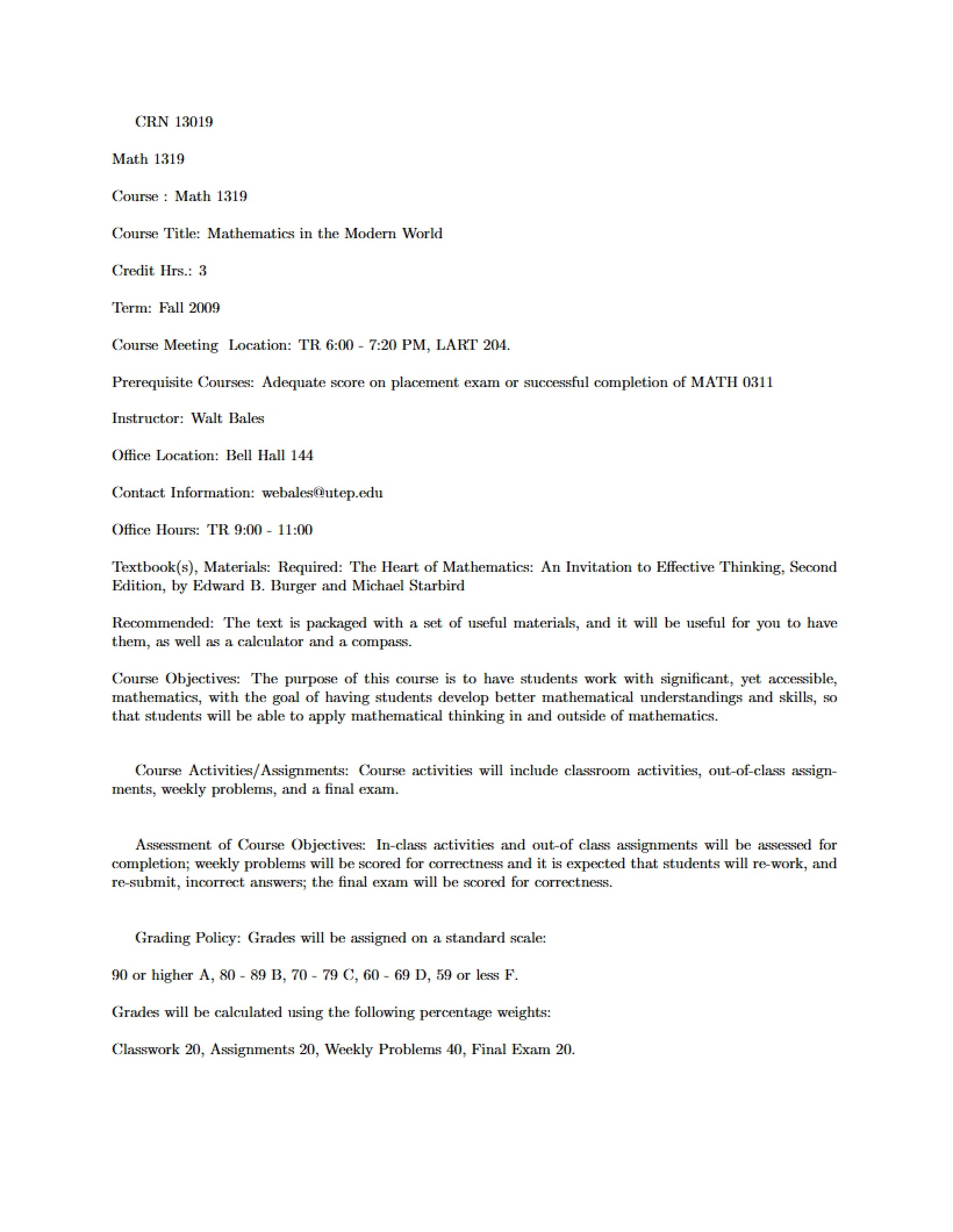 Math in the Modern World Syllabus - 2 Pages