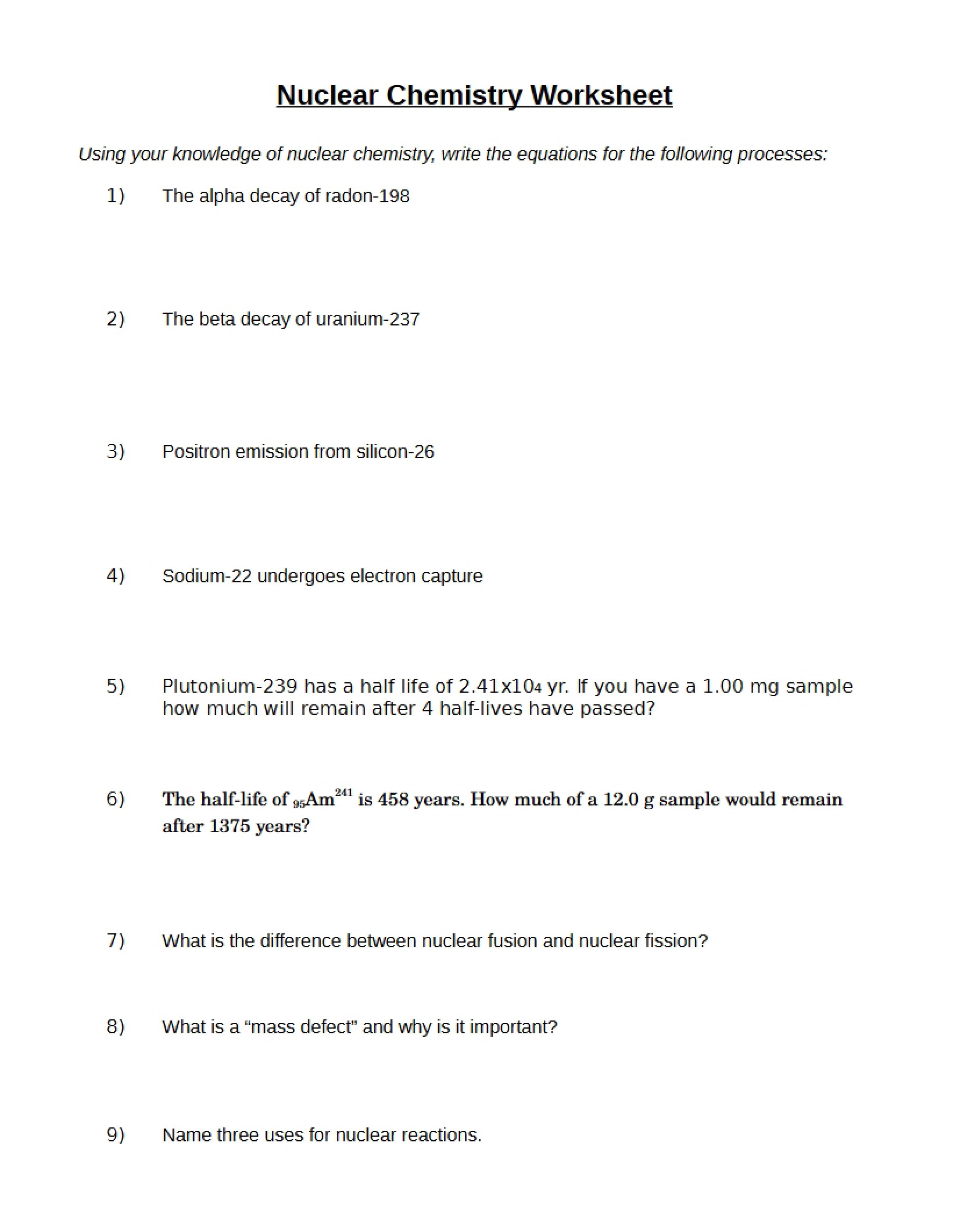 Nuclear Chemistry Practice Sheet