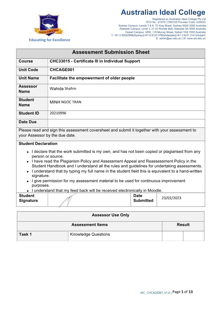 Assessment Tasks for CHC33015 Certificate III in Individual Support