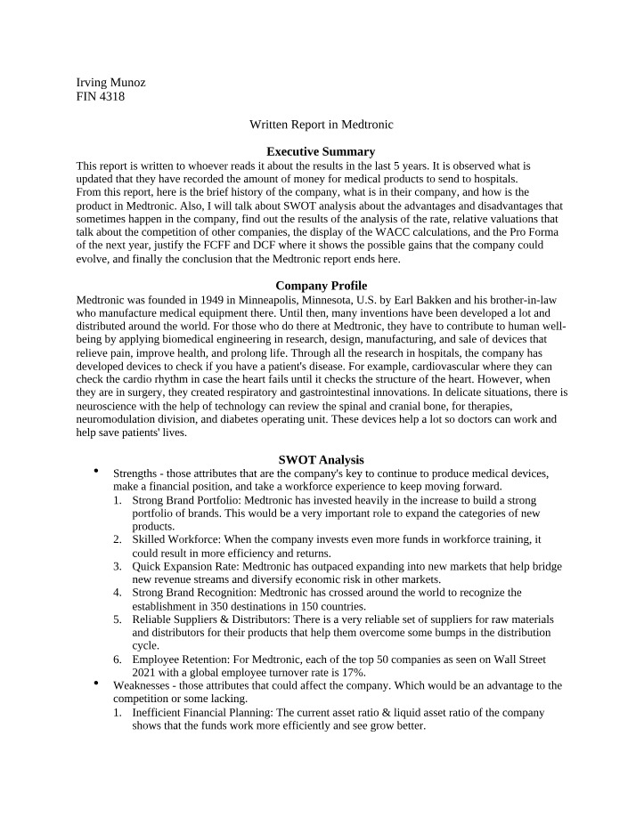 Written Report on Medtronic