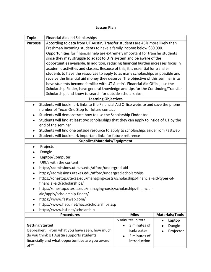 Lesson Plan - Financial Aid and Scholarships