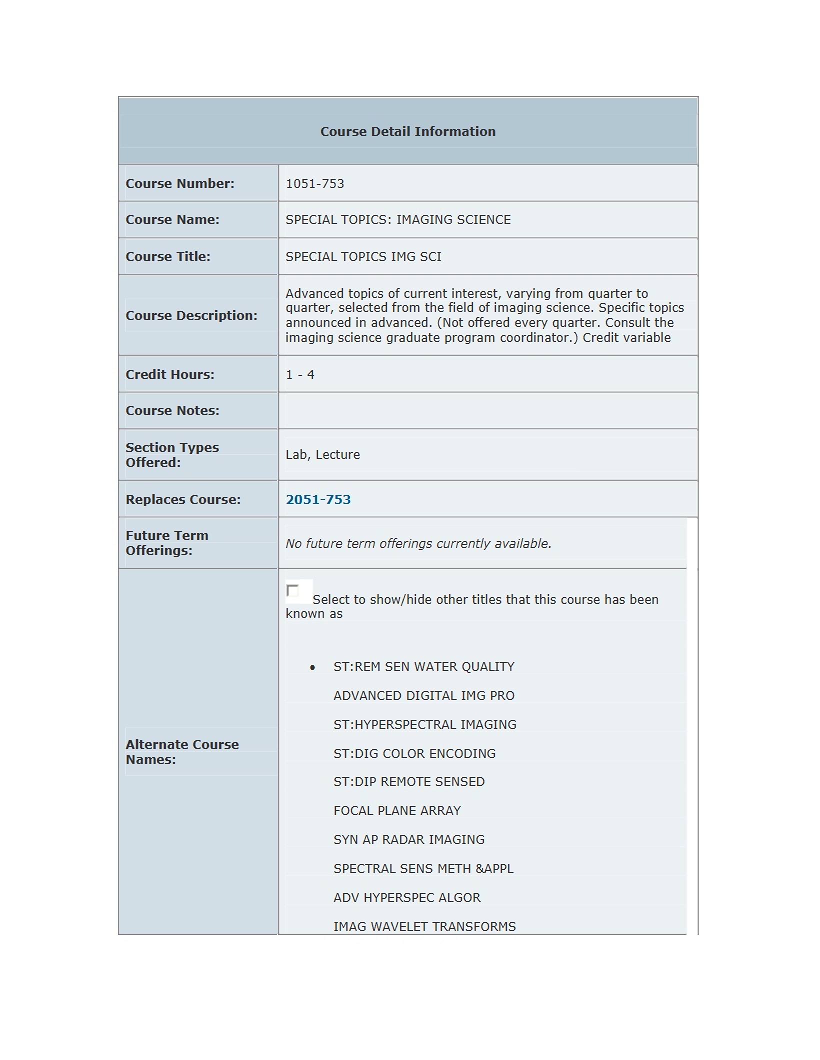 Imaging Science Special Topics Info - 3 Pages