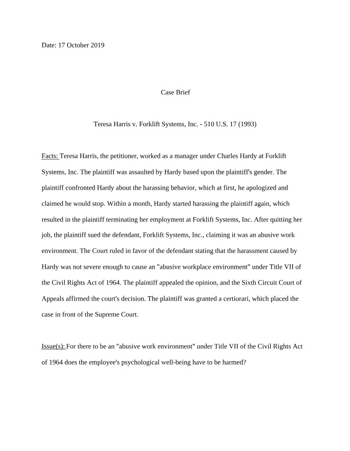 Case Brief - Harris v. Forklift Systems