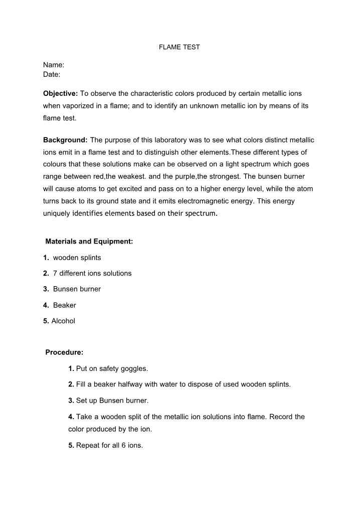 Lab Report - Flame Test
