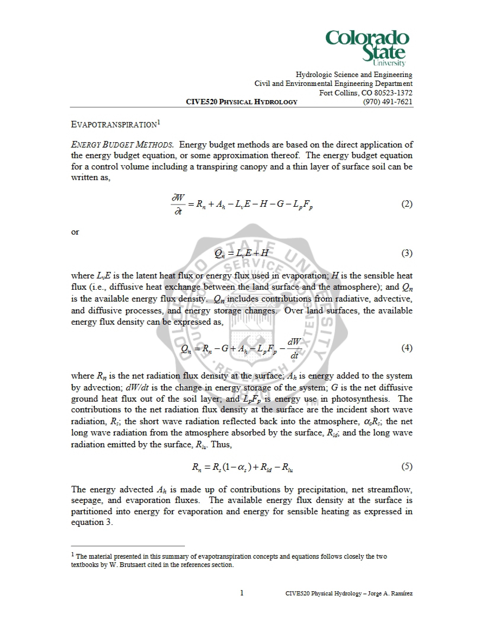 Equations for Evapotranspiration